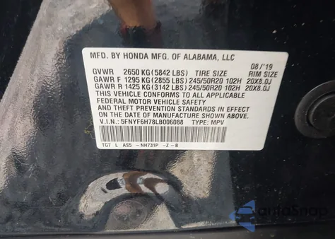 2020 Honda Pilot Awd Black Edition from USA, damaged, VIN 5FNYF6H78LB006088